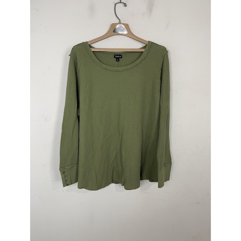 Torrid Sweater Womens 4 Olive Green Waffle Knit Fall Rustic Army Grunge Raw Edge